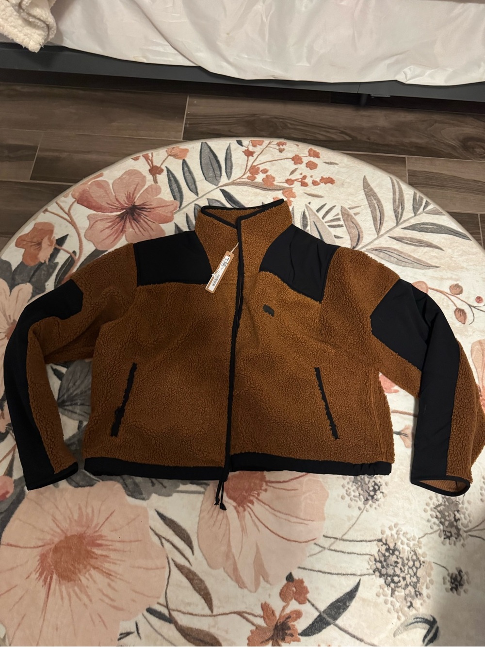 Skims Boxy Crop Brown Sherpa Fleece Jacket with Black Panels